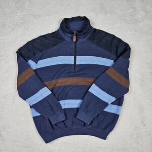 Viyella (Men's Large) Blue Striped Quarter Zip 1/4 Cotton Sweater Knit Pullover